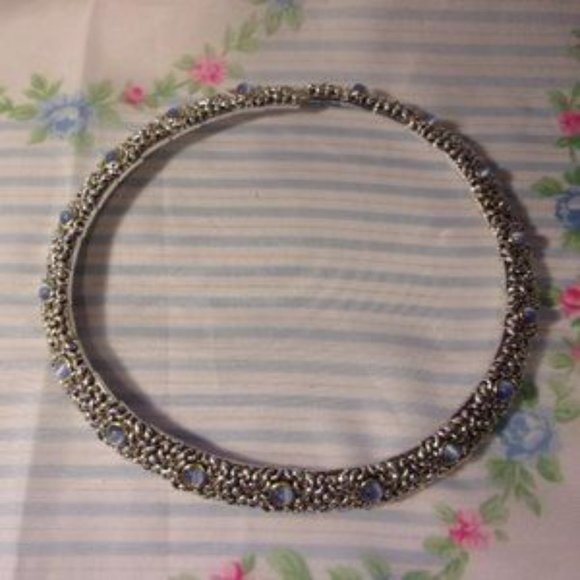 "Blue Cat's Eye Silver Tone Choker Necklace " - Picture 2 of 7